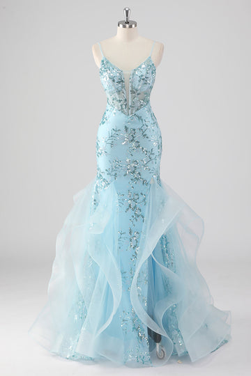 Sky Blue Mermaid Spaghetti Straps Sequin Corset Long Formal Dress with Ruffles